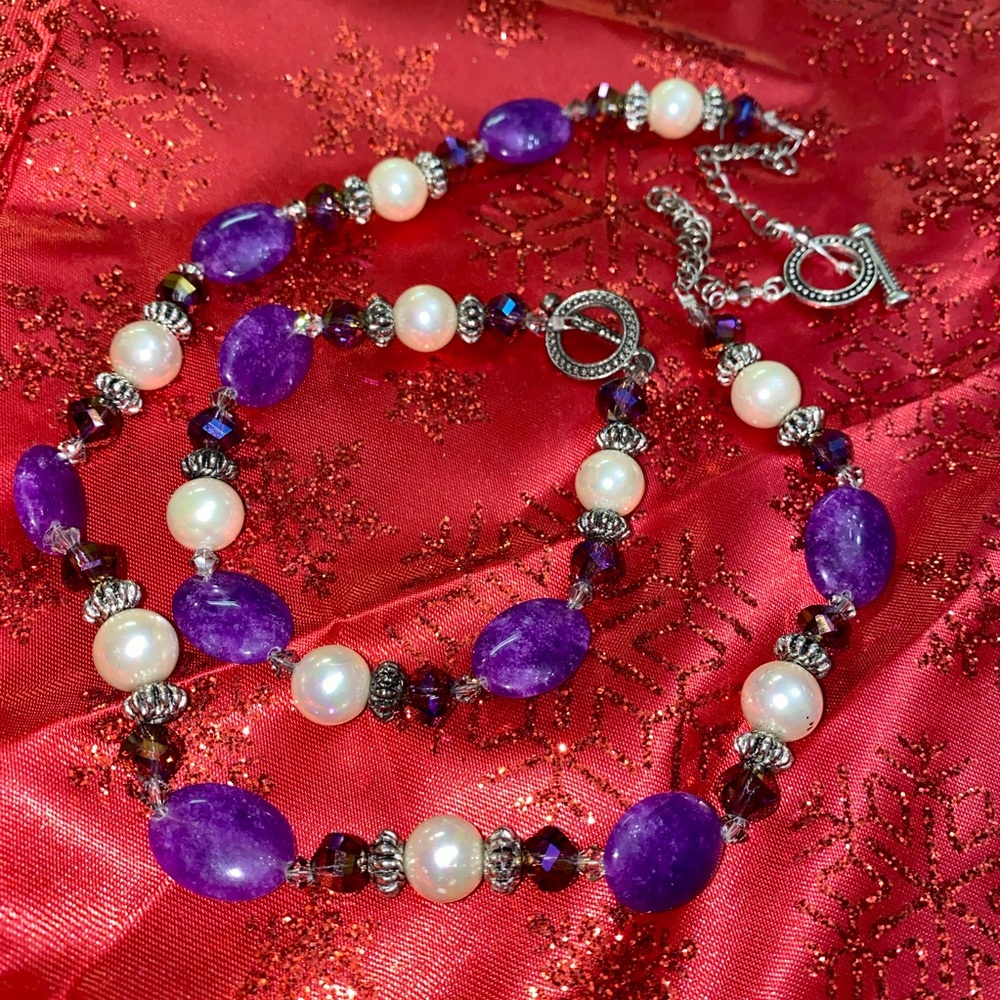Gorgeous purple bead pearl necklace‎ & bracelet set